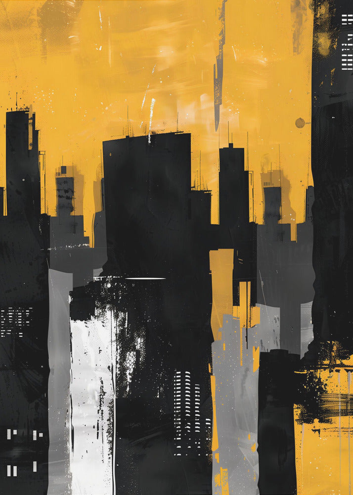 An abstract painting of a city skyline with stark black, grey, and white building silhouettes set against a vibrant, textured mustard yellow sky, framed in black. Artwork