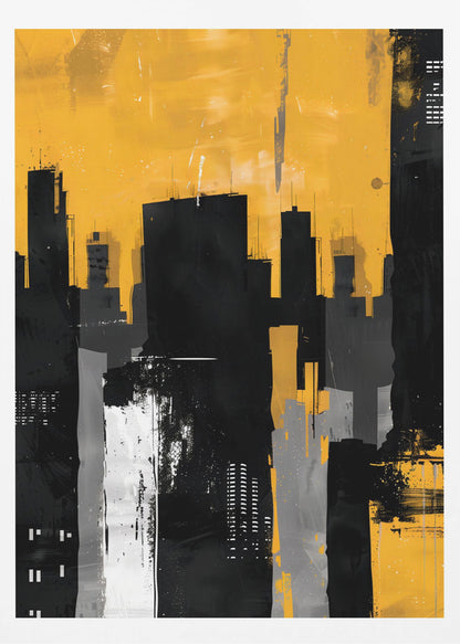 An abstract painting of a city skyline with stark black, grey, and white building silhouettes set against a vibrant, textured mustard yellow sky, framed in black. Artwork