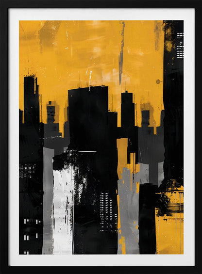 An abstract painting of a city skyline with stark black, grey, and white building silhouettes set against a vibrant, textured mustard yellow sky, framed in black. Artwork