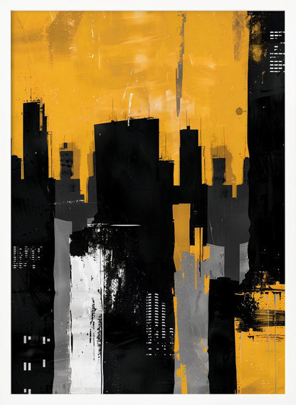 An abstract painting of a city skyline with stark black, grey, and white building silhouettes set against a vibrant, textured mustard yellow sky, framed in black. Artwork