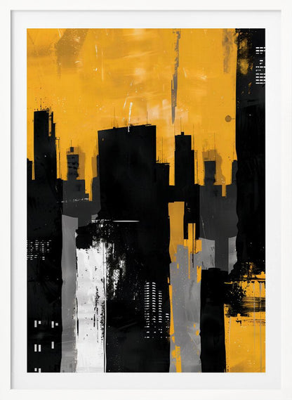 An abstract painting of a city skyline with stark black, grey, and white building silhouettes set against a vibrant, textured mustard yellow sky, framed in black. Artwork