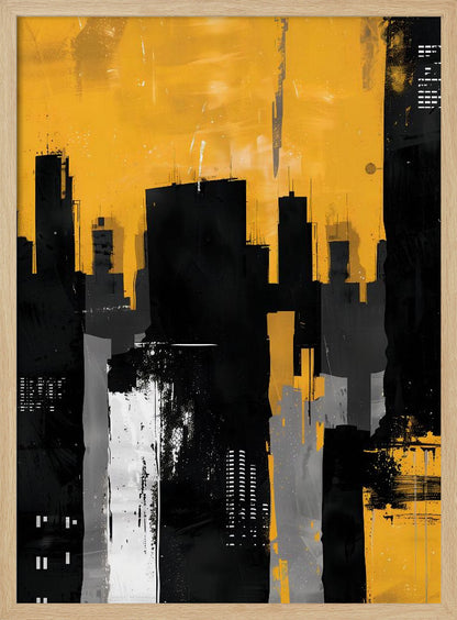 An abstract painting of a city skyline with stark black, grey, and white building silhouettes set against a vibrant, textured mustard yellow sky, framed in black. Artwork