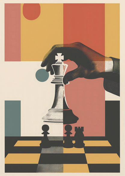 A modern graphic art poster of a hand moving a white king chess piece on a black and yellow chessboard. The background is a collage of abstract geometric shapes in red, orange, yellow, and teal. Decor
