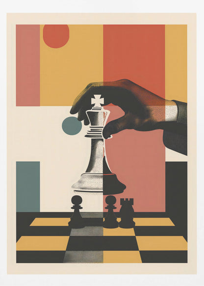 A modern graphic art poster of a hand moving a white king chess piece on a black and yellow chessboard. The background is a collage of abstract geometric shapes in red, orange, yellow, and teal. Decor