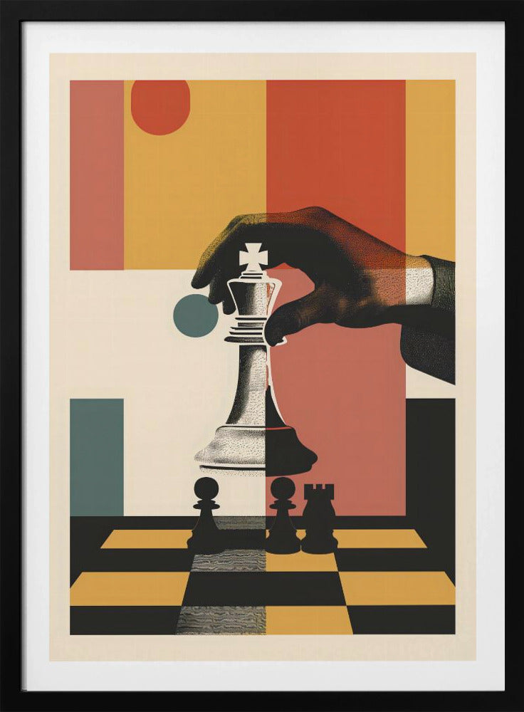 A modern graphic art poster of a hand moving a white king chess piece on a black and yellow chessboard. The background is a collage of abstract geometric shapes in red, orange, yellow, and teal. Decor