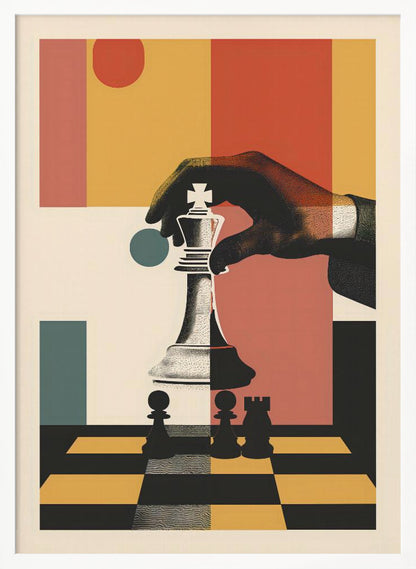 A modern graphic art poster of a hand moving a white king chess piece on a black and yellow chessboard. The background is a collage of abstract geometric shapes in red, orange, yellow, and teal. Decor