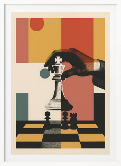 A modern graphic art poster of a hand moving a white king chess piece on a black and yellow chessboard. The background is a collage of abstract geometric shapes in red, orange, yellow, and teal. Decor