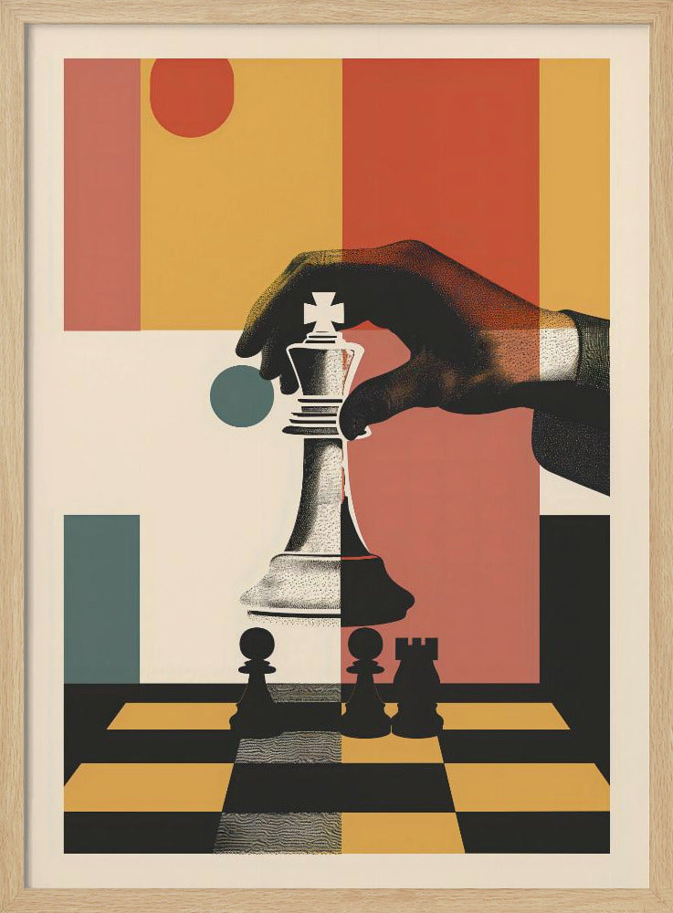 A modern graphic art poster of a hand moving a white king chess piece on a black and yellow chessboard. The background is a collage of abstract geometric shapes in red, orange, yellow, and teal. Decor