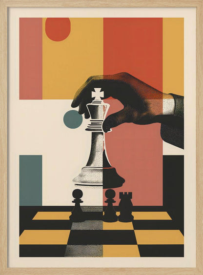A modern graphic art poster of a hand moving a white king chess piece on a black and yellow chessboard. The background is a collage of abstract geometric shapes in red, orange, yellow, and teal. Decor