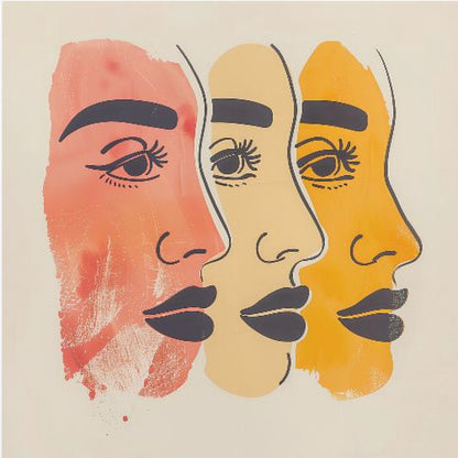 A framed piece of modern art depicting three stylized female faces in profile, layered one behind the other. The faces are rendered in shades of red-orange, pale yellow, and golden-orange, with bold black line work for the eyes, eyebrows, and lips, all set against a cream background. Print