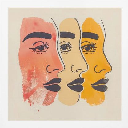 A framed piece of modern art depicting three stylized female faces in profile, layered one behind the other. The faces are rendered in shades of red-orange, pale yellow, and golden-orange, with bold black line work for the eyes, eyebrows, and lips, all set against a cream background. Print