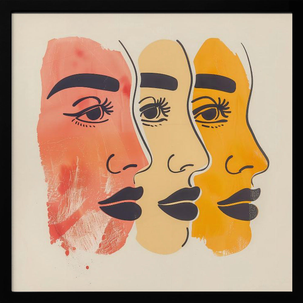 A framed piece of modern art depicting three stylized female faces in profile, layered one behind the other. The faces are rendered in shades of red-orange, pale yellow, and golden-orange, with bold black line work for the eyes, eyebrows, and lips, all set against a cream background. Print