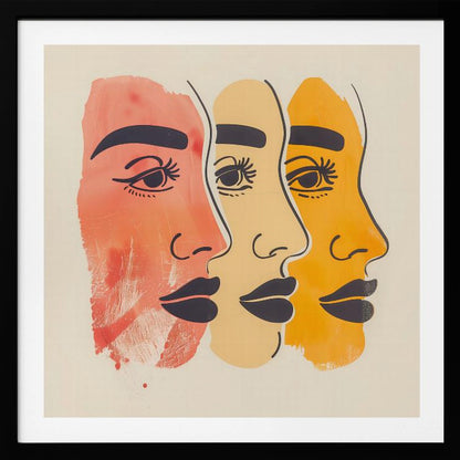 A framed piece of modern art depicting three stylized female faces in profile, layered one behind the other. The faces are rendered in shades of red-orange, pale yellow, and golden-orange, with bold black line work for the eyes, eyebrows, and lips, all set against a cream background. Print