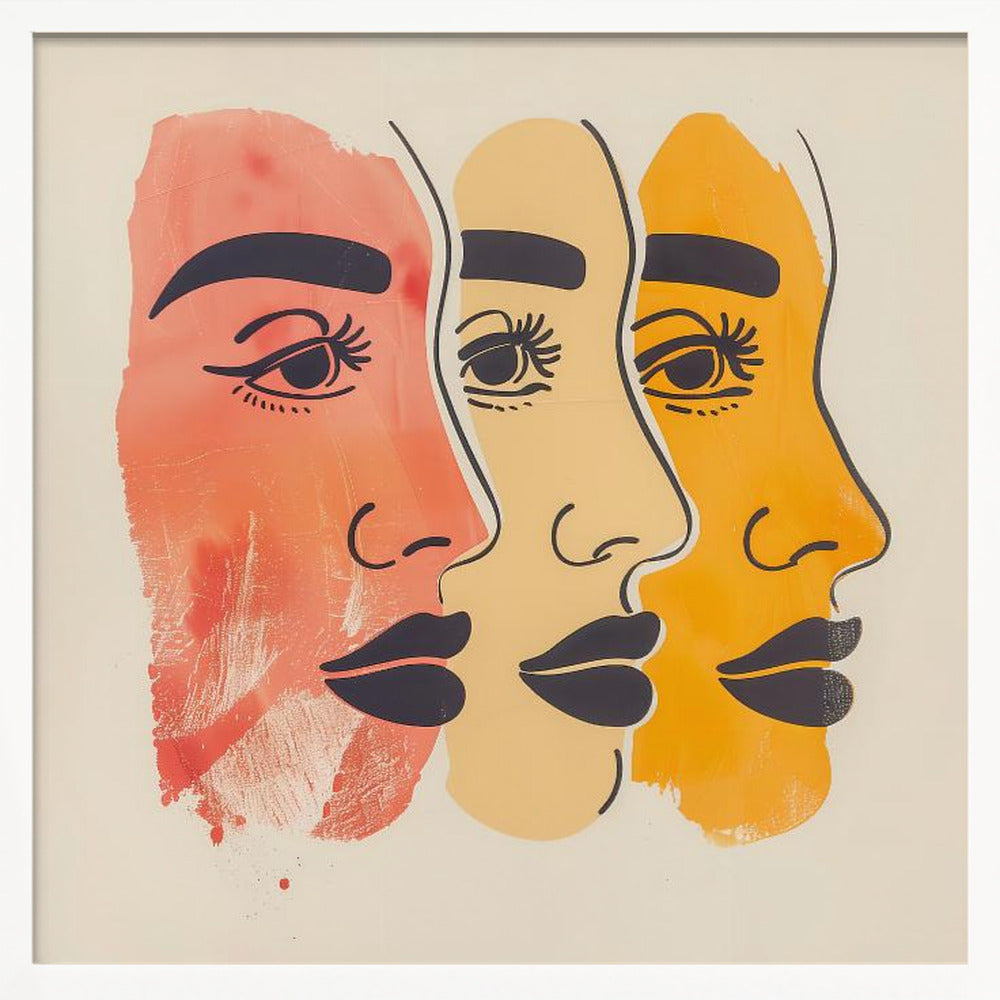 A framed piece of modern art depicting three stylized female faces in profile, layered one behind the other. The faces are rendered in shades of red-orange, pale yellow, and golden-orange, with bold black line work for the eyes, eyebrows, and lips, all set against a cream background. Print