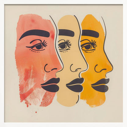 A framed piece of modern art depicting three stylized female faces in profile, layered one behind the other. The faces are rendered in shades of red-orange, pale yellow, and golden-orange, with bold black line work for the eyes, eyebrows, and lips, all set against a cream background. Print