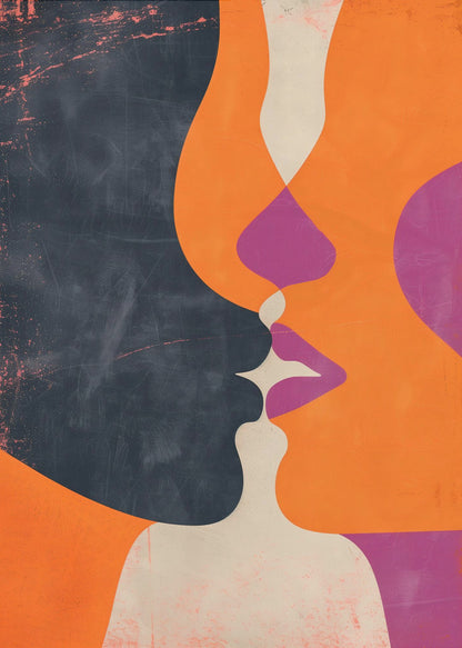 An abstract, modern illustration depicting the profiles of two figures about to kiss. One figure is a solid dark blue with a distressed texture, while the other is bright orange. Their overlapping lips are highlighted in magenta and off-white, creating a dynamic and intimate focal point. The artwork uses bold, flat color shapes and has a vintage, textured feel. Decor