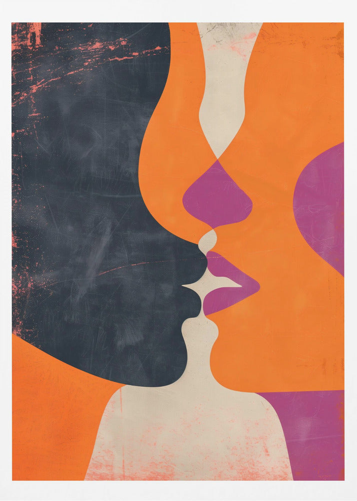 An abstract, modern illustration depicting the profiles of two figures about to kiss. One figure is a solid dark blue with a distressed texture, while the other is bright orange. Their overlapping lips are highlighted in magenta and off-white, creating a dynamic and intimate focal point. The artwork uses bold, flat color shapes and has a vintage, textured feel. Decor