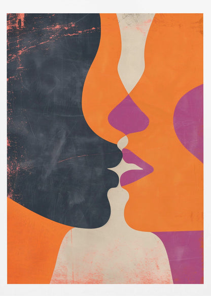 An abstract, modern illustration depicting the profiles of two figures about to kiss. One figure is a solid dark blue with a distressed texture, while the other is bright orange. Their overlapping lips are highlighted in magenta and off-white, creating a dynamic and intimate focal point. The artwork uses bold, flat color shapes and has a vintage, textured feel. Decor