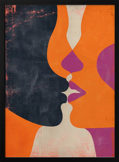 An abstract, modern illustration depicting the profiles of two figures about to kiss. One figure is a solid dark blue with a distressed texture, while the other is bright orange. Their overlapping lips are highlighted in magenta and off-white, creating a dynamic and intimate focal point. The artwork uses bold, flat color shapes and has a vintage, textured feel. Decor
