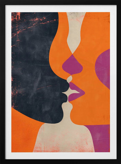 An abstract, modern illustration depicting the profiles of two figures about to kiss. One figure is a solid dark blue with a distressed texture, while the other is bright orange. Their overlapping lips are highlighted in magenta and off-white, creating a dynamic and intimate focal point. The artwork uses bold, flat color shapes and has a vintage, textured feel. Decor