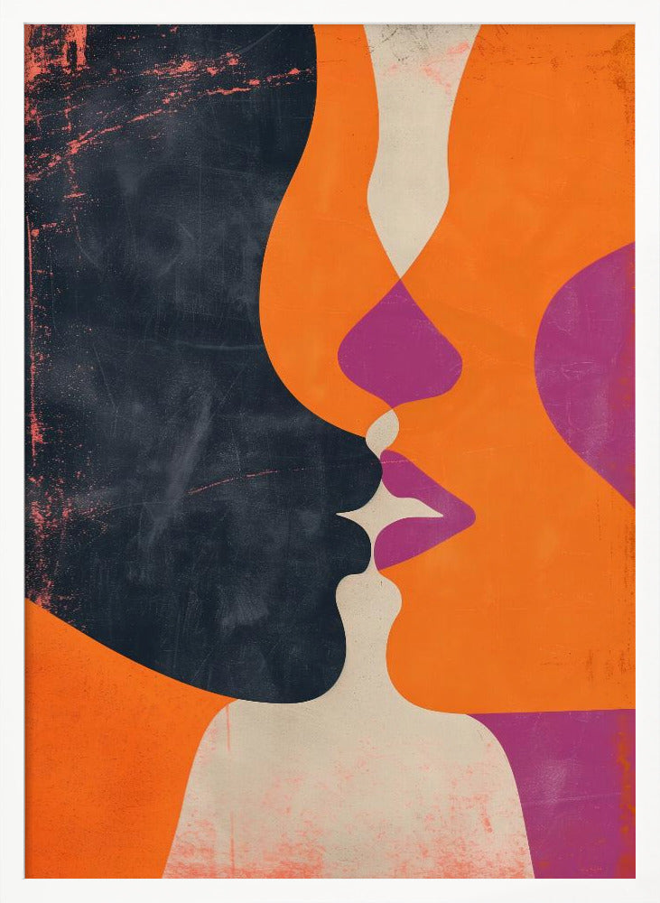 An abstract, modern illustration depicting the profiles of two figures about to kiss. One figure is a solid dark blue with a distressed texture, while the other is bright orange. Their overlapping lips are highlighted in magenta and off-white, creating a dynamic and intimate focal point. The artwork uses bold, flat color shapes and has a vintage, textured feel. Decor
