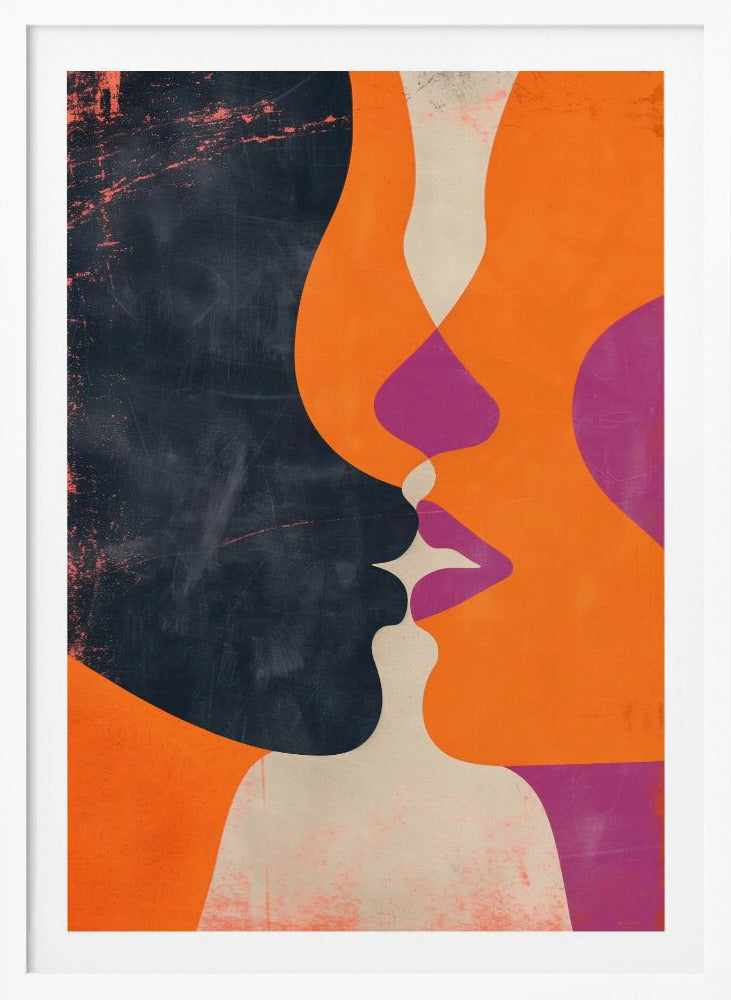 An abstract, modern illustration depicting the profiles of two figures about to kiss. One figure is a solid dark blue with a distressed texture, while the other is bright orange. Their overlapping lips are highlighted in magenta and off-white, creating a dynamic and intimate focal point. The artwork uses bold, flat color shapes and has a vintage, textured feel. Decor