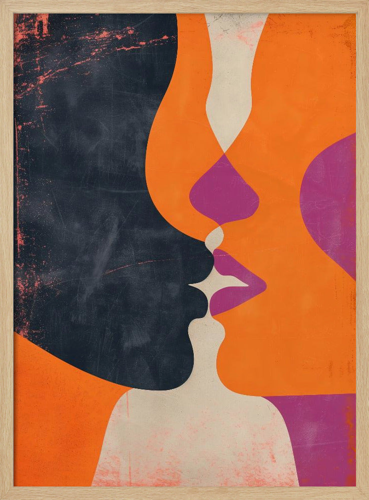 An abstract, modern illustration depicting the profiles of two figures about to kiss. One figure is a solid dark blue with a distressed texture, while the other is bright orange. Their overlapping lips are highlighted in magenta and off-white, creating a dynamic and intimate focal point. The artwork uses bold, flat color shapes and has a vintage, textured feel. Decor