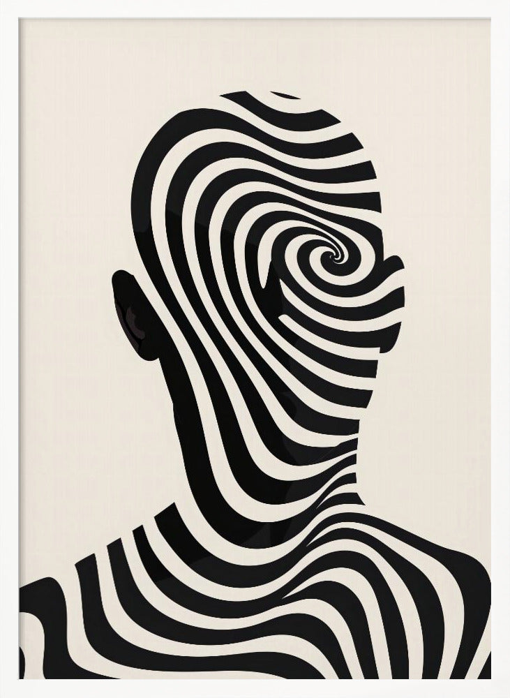 A framed abstract artwork featuring the silhouette of a person's head filled with a hypnotic black and cream spiral optical illusion pattern. The background is a solid cream color. Decor