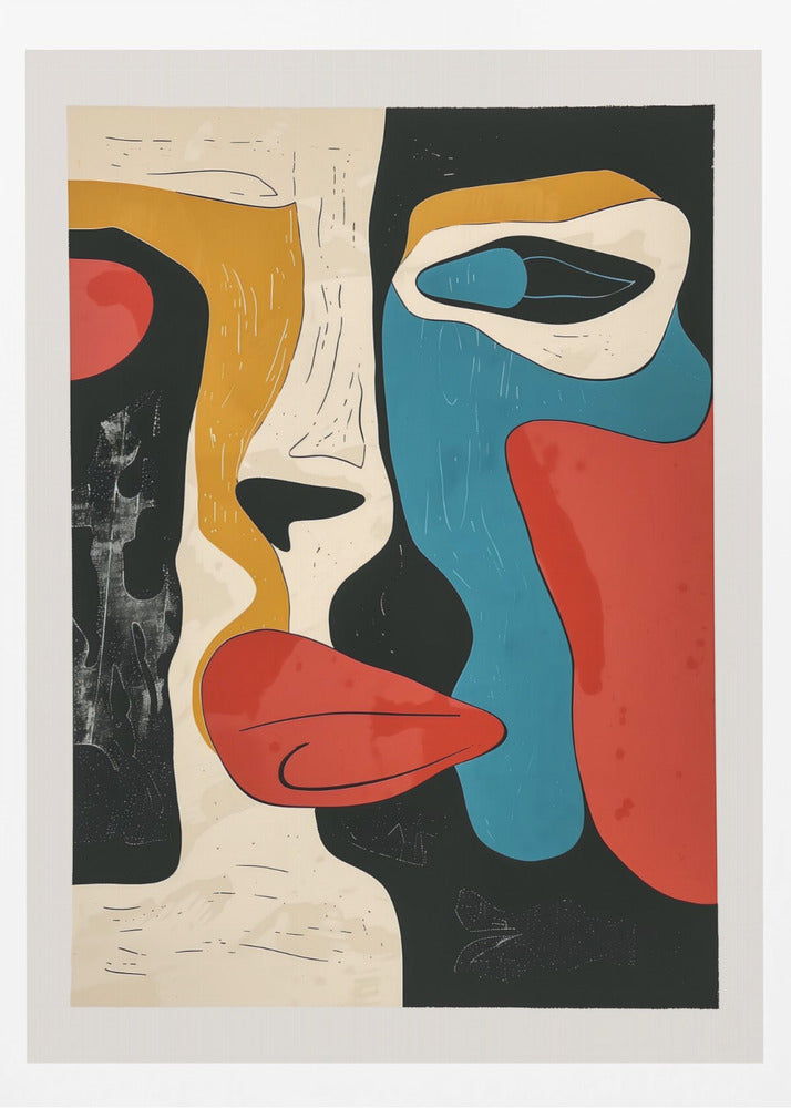 A framed modern abstract artwork depicting a deconstructed face. The composition uses bold, block colors like red, blue, and mustard yellow, separated by thick black lines and areas of cream and textured black, creating a cubist-inspired portrait. Decor