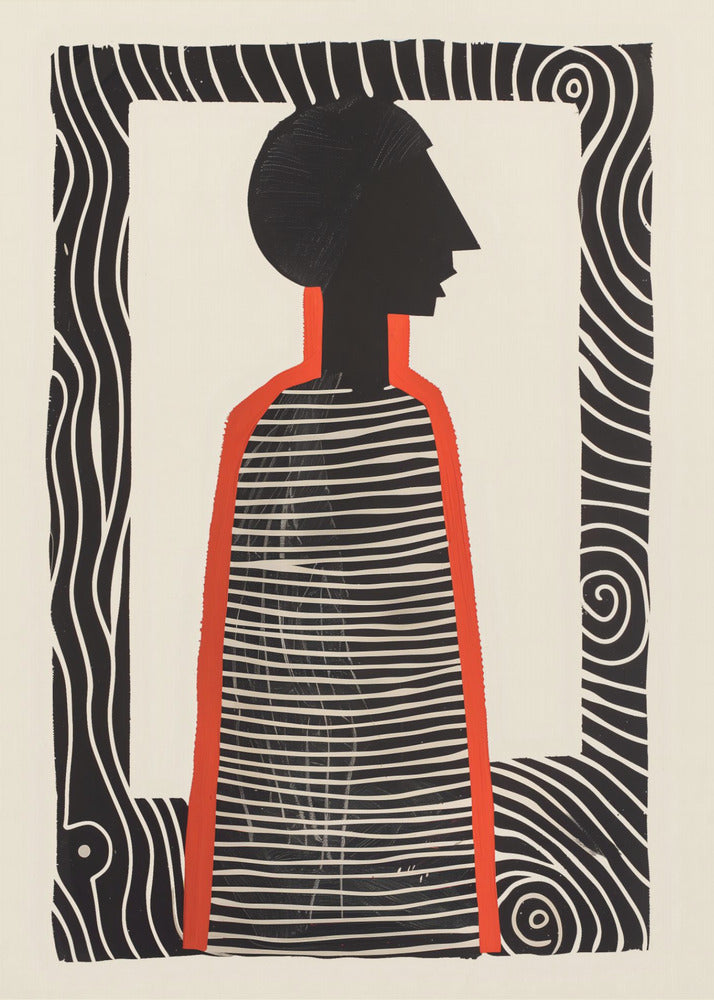 A modern graphic art print in a black frame, featuring a stylized silhouette of a person in profile. The figure has a black head and a striped black-and-white body, outlined in bold red. The background is off-white, and the central image is surrounded by a thick, patterned black-and-white border. Artwork