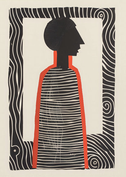 A modern graphic art print in a black frame, featuring a stylized silhouette of a person in profile. The figure has a black head and a striped black-and-white body, outlined in bold red. The background is off-white, and the central image is surrounded by a thick, patterned black-and-white border. Artwork