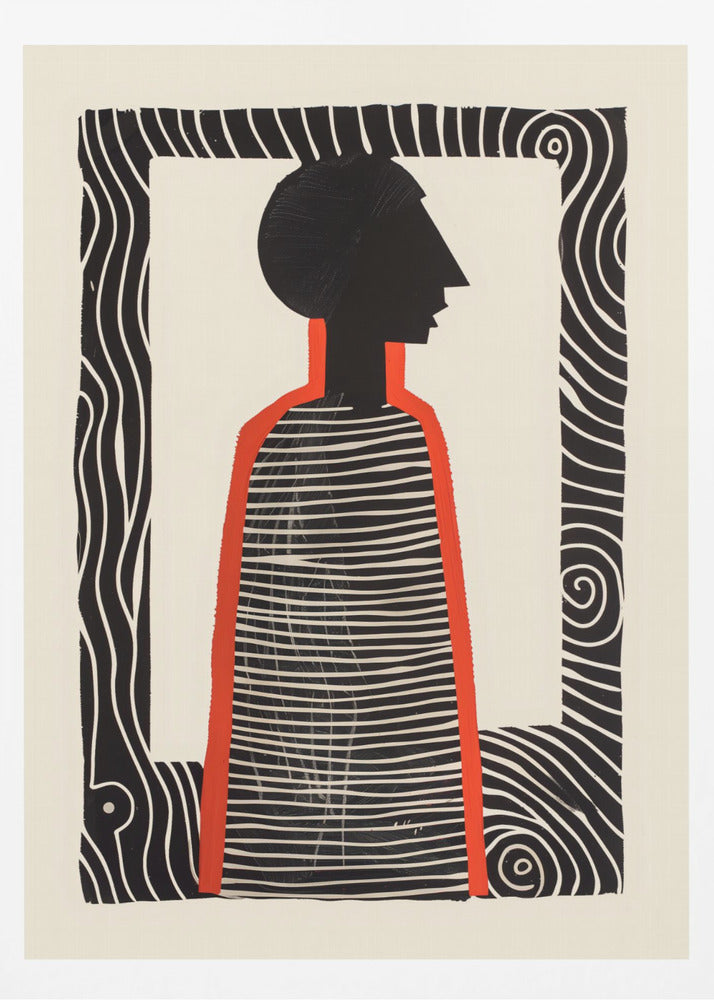 A modern graphic art print in a black frame, featuring a stylized silhouette of a person in profile. The figure has a black head and a striped black-and-white body, outlined in bold red. The background is off-white, and the central image is surrounded by a thick, patterned black-and-white border. Artwork