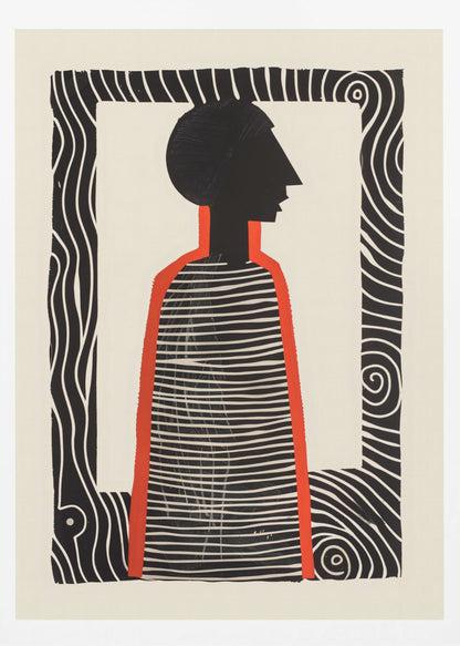 A modern graphic art print in a black frame, featuring a stylized silhouette of a person in profile. The figure has a black head and a striped black-and-white body, outlined in bold red. The background is off-white, and the central image is surrounded by a thick, patterned black-and-white border. Artwork