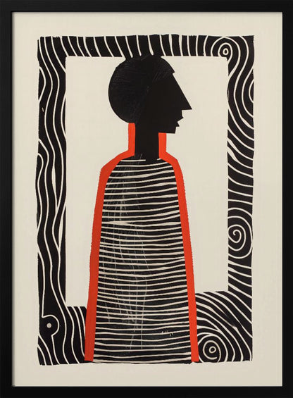 A modern graphic art print in a black frame, featuring a stylized silhouette of a person in profile. The figure has a black head and a striped black-and-white body, outlined in bold red. The background is off-white, and the central image is surrounded by a thick, patterned black-and-white border. Artwork