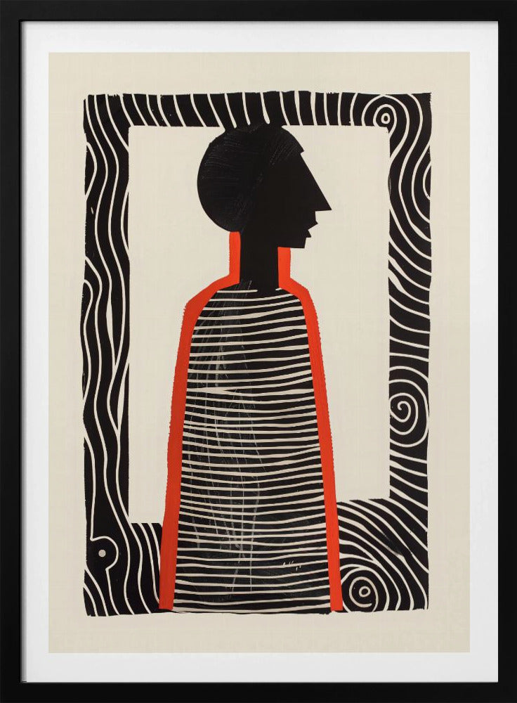 A modern graphic art print in a black frame, featuring a stylized silhouette of a person in profile. The figure has a black head and a striped black-and-white body, outlined in bold red. The background is off-white, and the central image is surrounded by a thick, patterned black-and-white border. Artwork