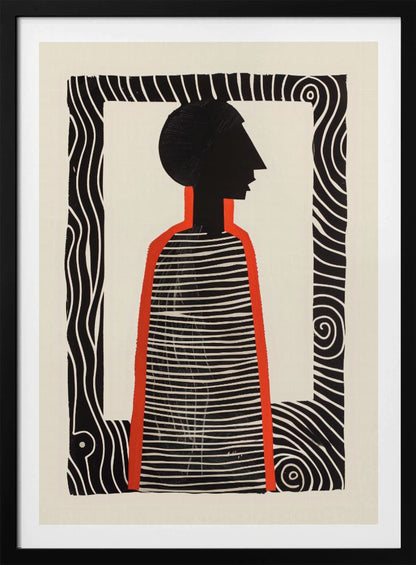 A modern graphic art print in a black frame, featuring a stylized silhouette of a person in profile. The figure has a black head and a striped black-and-white body, outlined in bold red. The background is off-white, and the central image is surrounded by a thick, patterned black-and-white border. Artwork
