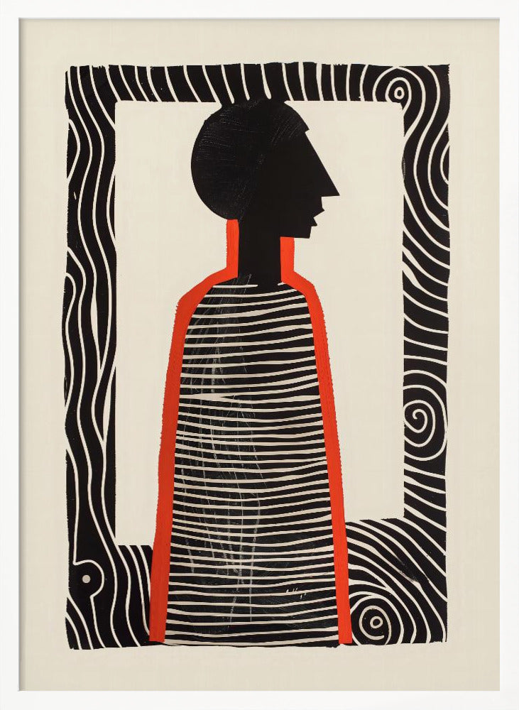 A modern graphic art print in a black frame, featuring a stylized silhouette of a person in profile. The figure has a black head and a striped black-and-white body, outlined in bold red. The background is off-white, and the central image is surrounded by a thick, patterned black-and-white border. Artwork
