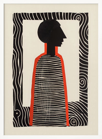 A modern graphic art print in a black frame, featuring a stylized silhouette of a person in profile. The figure has a black head and a striped black-and-white body, outlined in bold red. The background is off-white, and the central image is surrounded by a thick, patterned black-and-white border. Artwork
