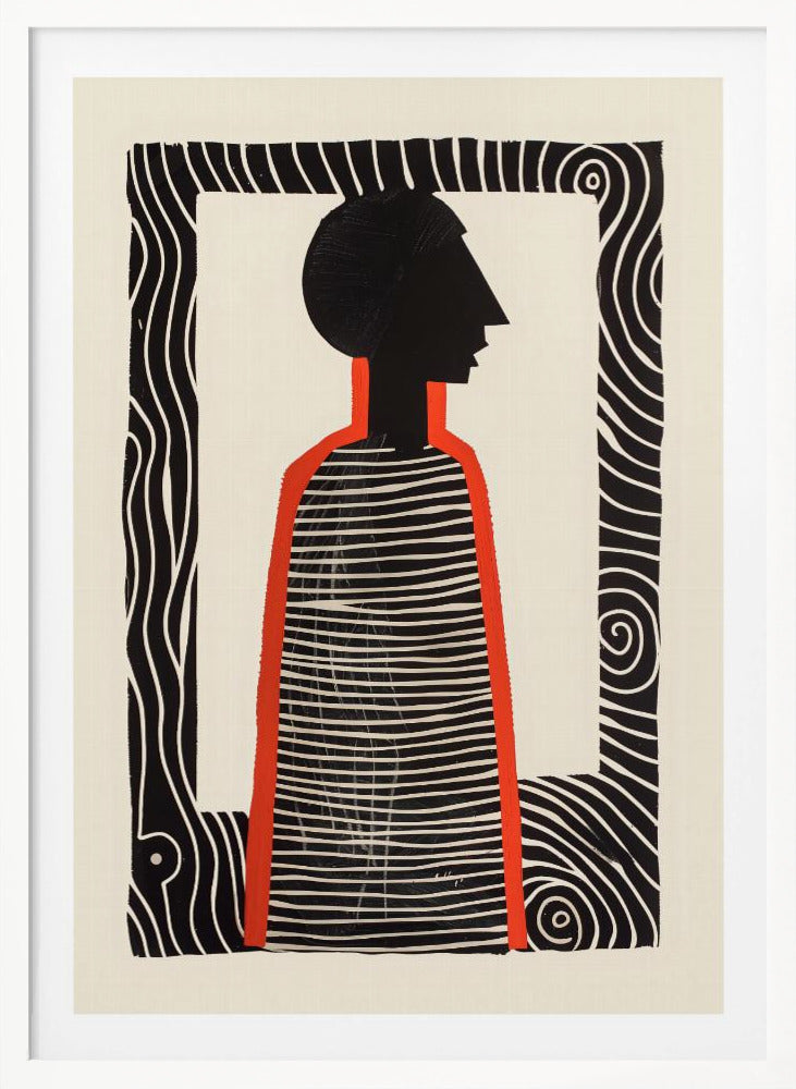A modern graphic art print in a black frame, featuring a stylized silhouette of a person in profile. The figure has a black head and a striped black-and-white body, outlined in bold red. The background is off-white, and the central image is surrounded by a thick, patterned black-and-white border. Artwork