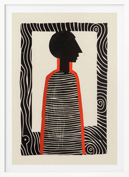 A modern graphic art print in a black frame, featuring a stylized silhouette of a person in profile. The figure has a black head and a striped black-and-white body, outlined in bold red. The background is off-white, and the central image is surrounded by a thick, patterned black-and-white border. Artwork