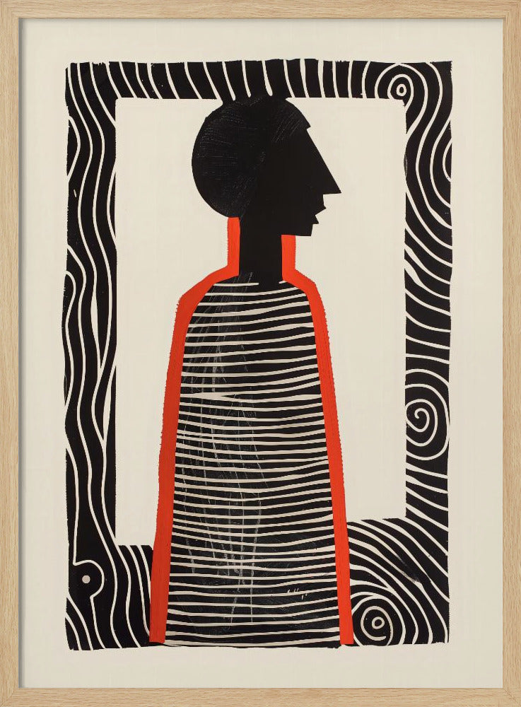 A modern graphic art print in a black frame, featuring a stylized silhouette of a person in profile. The figure has a black head and a striped black-and-white body, outlined in bold red. The background is off-white, and the central image is surrounded by a thick, patterned black-and-white border. Artwork