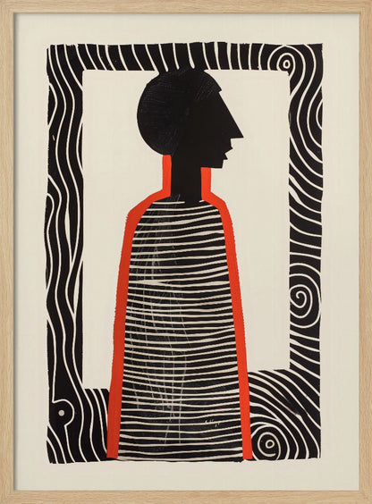A modern graphic art print in a black frame, featuring a stylized silhouette of a person in profile. The figure has a black head and a striped black-and-white body, outlined in bold red. The background is off-white, and the central image is surrounded by a thick, patterned black-and-white border. Artwork