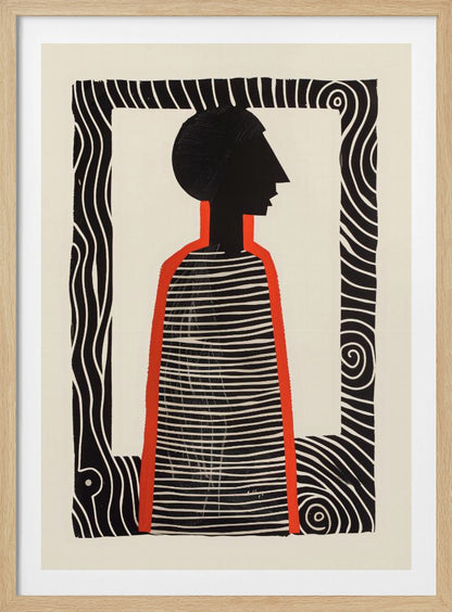 A modern graphic art print in a black frame, featuring a stylized silhouette of a person in profile. The figure has a black head and a striped black-and-white body, outlined in bold red. The background is off-white, and the central image is surrounded by a thick, patterned black-and-white border. Artwork