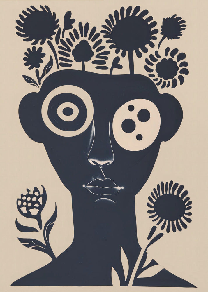 A two-tone abstract portrait of a person's head and shoulders in dark navy blue against a cream background. Stylized flowers and trees grow from the top of the head like hair. The eyes are large and graphic, one a target-like pattern and the other with multiple dots. The piece has a modern, minimalist, and surreal feel. Poster