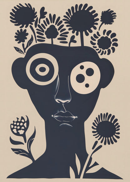 A two-tone abstract portrait of a person's head and shoulders in dark navy blue against a cream background. Stylized flowers and trees grow from the top of the head like hair. The eyes are large and graphic, one a target-like pattern and the other with multiple dots. The piece has a modern, minimalist, and surreal feel. Poster
