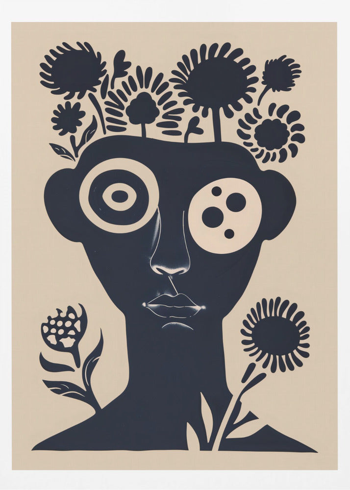 A two-tone abstract portrait of a person's head and shoulders in dark navy blue against a cream background. Stylized flowers and trees grow from the top of the head like hair. The eyes are large and graphic, one a target-like pattern and the other with multiple dots. The piece has a modern, minimalist, and surreal feel. Poster