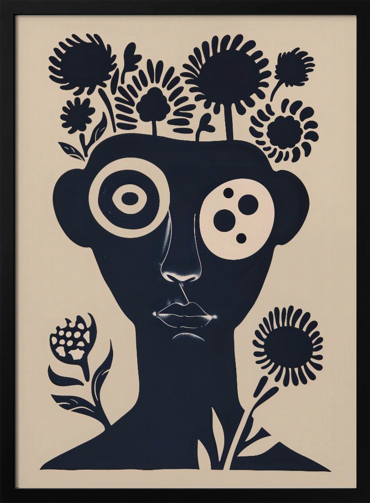 A two-tone abstract portrait of a person's head and shoulders in dark navy blue against a cream background. Stylized flowers and trees grow from the top of the head like hair. The eyes are large and graphic, one a target-like pattern and the other with multiple dots. The piece has a modern, minimalist, and surreal feel. Poster