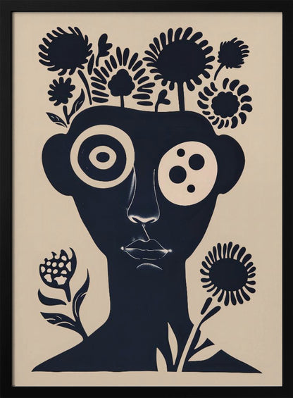 A two-tone abstract portrait of a person's head and shoulders in dark navy blue against a cream background. Stylized flowers and trees grow from the top of the head like hair. The eyes are large and graphic, one a target-like pattern and the other with multiple dots. The piece has a modern, minimalist, and surreal feel. Poster