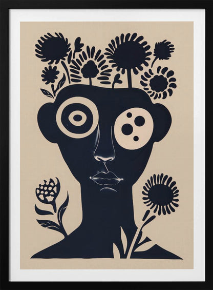 A two-tone abstract portrait of a person's head and shoulders in dark navy blue against a cream background. Stylized flowers and trees grow from the top of the head like hair. The eyes are large and graphic, one a target-like pattern and the other with multiple dots. The piece has a modern, minimalist, and surreal feel. Poster