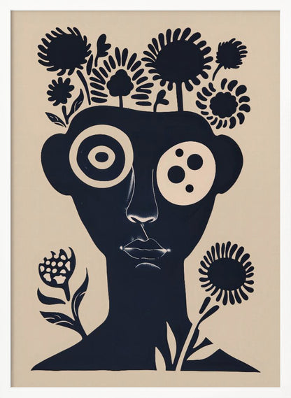 A two-tone abstract portrait of a person's head and shoulders in dark navy blue against a cream background. Stylized flowers and trees grow from the top of the head like hair. The eyes are large and graphic, one a target-like pattern and the other with multiple dots. The piece has a modern, minimalist, and surreal feel. Poster